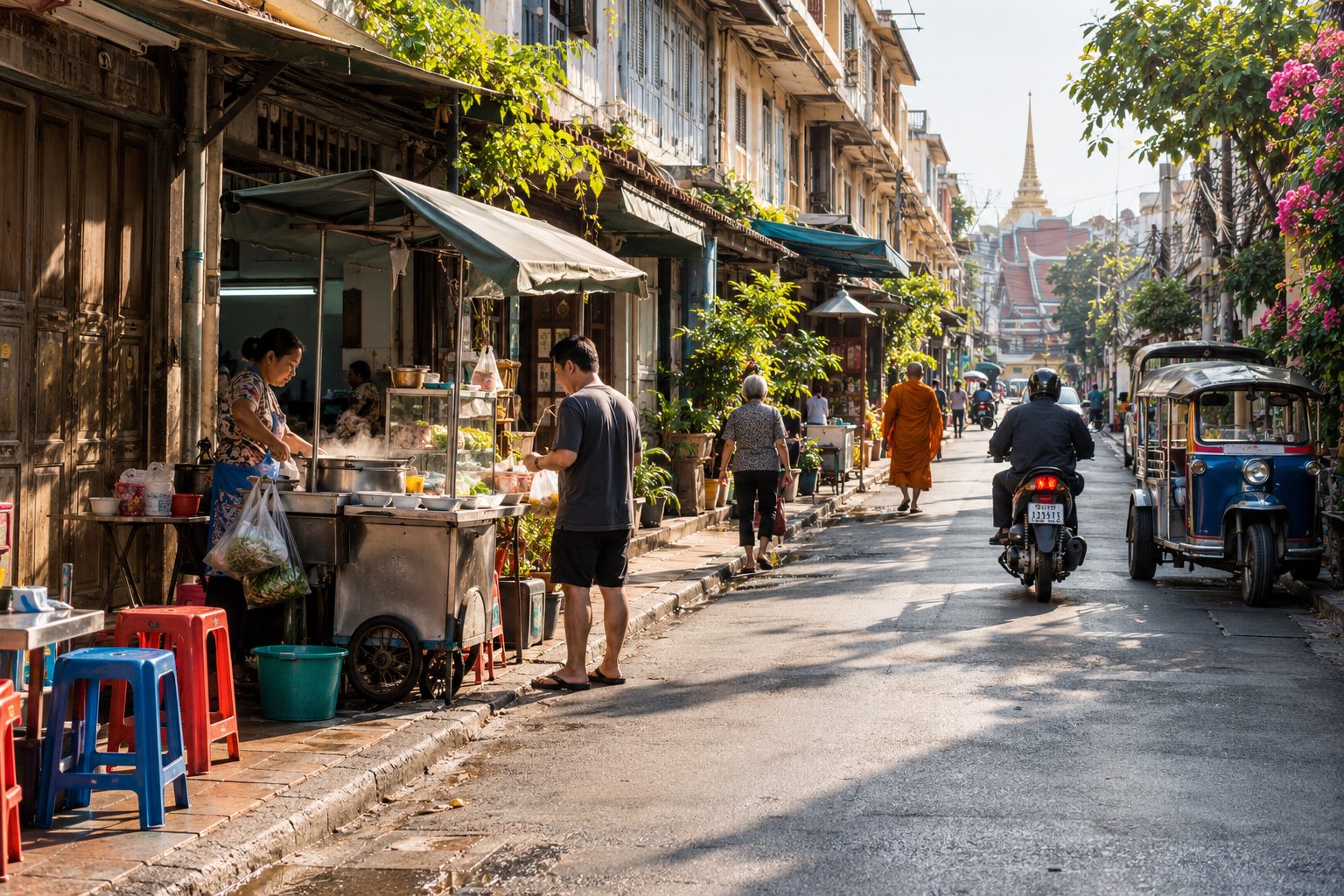 Illustrativt stemningsbillede af en stille morgen med madvogn og gamle huse i Bangkok