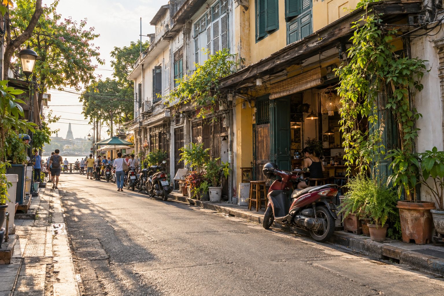 Illustrativt stemningsbillede af en gammel gade med små butikker og scootere i Bangkok